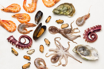 Mussels, shrimps, oysters, octopus tentacles and baby octopus on white