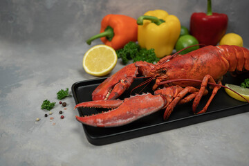Lobster decorated with lemon slices on black plate on concrete table. Fresh seafood.