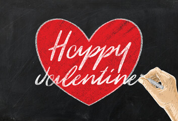 blackboard. Hand writing with chalk,message concept written by chalk,Crayon,heart drawing happy valentine Concept.