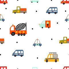 Cute kids seamless pattern with cars on a white background.Can be used in textile industry, paper, background, scrapbooking.Vector