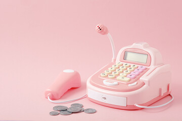 pink toy cash register on pink background, play store
