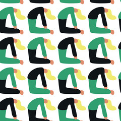 Seamless pattern. Vector illustration with woman doing yoga. Camel Pose  - asana. Cartoon charcter