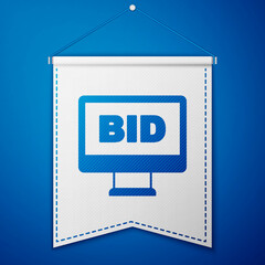 Blue Online auction icon isolated on blue background. Bid sign. Auction bidding. Sale and buyers. White pennant template. Vector