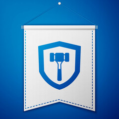 Blue Auction hammer icon isolated on blue background. Gavel - hammer of judge or auctioneer. Bidding process, deal done. Auction bidding. White pennant template. Vector