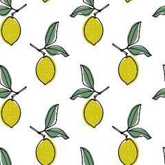 Vector seamless pattern with hand drawn lemon tree twigs with ripe fruits. Beautiful ink drawing, graphic linocut style. Wonderful food design elements, perfect for prints and patterns