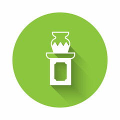 White Auction ancient vase icon isolated with long shadow background. Auction bidding. Sale and buyers. Green circle button. Vector
