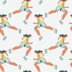 Fototapeta na wymiar Seamless pattern. Illustration with running woman. Person doing sport. Cartoon character
