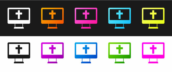 Set Christian cross on monitor icon isolated on black and white background. Church cross. Vector