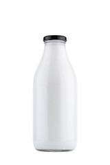 one liter bottle of milk mockup with black cap isolated on white background