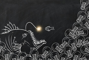 Anglerfish chalk drawing on chalk board background illustration, chalk drawing Business and strategy concept on blackboard.
