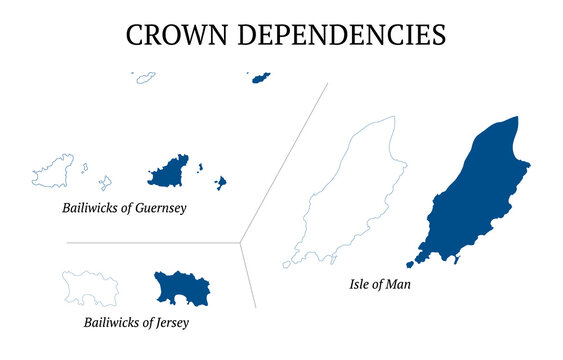 Map of Crown Dependencies. Bailiwicks of Jersey and Guernsey. Isle of Man. Detailed vector outline and blue silhouette. All isolated on white background. Set of vector maps. For geographic themes.
