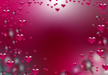 Valentine's Day background with hearts, spheres, floating 3d shapes, shape balloon, heart confetti, 3D illustration 