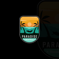 beach or paradise with hammock emblem logo modern vintage vector illustration template icon graphic design. palm or coconut tree at the outdoors sign or symbol for travel adventure
