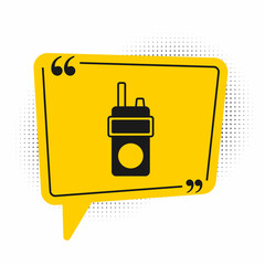 Black Walkie talkie icon isolated on white background. Portable radio transmitter icon. Radio transceiver sign. Yellow speech bubble symbol. Vector