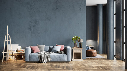 Modern beautiful interior with columns, colored wall and stylish furniture. Bright loft design. 3D rendering