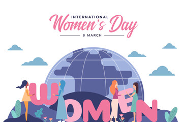 international women's day - a diverse group of women helping to put the letters WOMEN in order vector design - 486010222