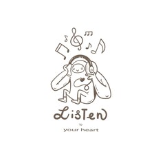 Musical postcard with cute creature in headphones. Funny monster music lover poster. Cartoon doodle print.