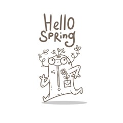 Card with  cute cartoon monster and  flowers. Vector spring illustration for kids. Funny doodle creature print. Line art poster.