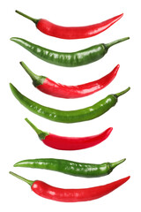 Set with red and green hot chili peppers on white background. Vertical banner design