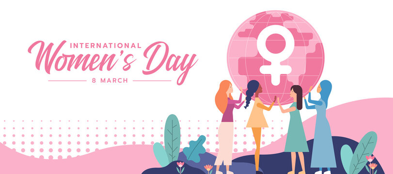 international women's day - a diverse group of women helping to lift circle globe with a female symblo vector design