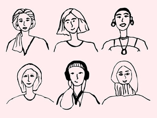 Women Doodle Faces. International Women Day. Hand Drawn Woman Faces Collection. Vector Eps10 Cartoon Female