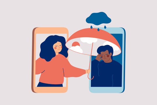 Woman supports black man with psychological problems. Girl comforts her sad friend over the phone. Counselling for people under stress and depression over online services.Online therapy concept.Vector