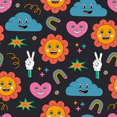 Seamless pattern with different colorful abstract shapes and funny comic characters. Clip art for kids. Hand drawn vector illustration isolated on black background. Modern flat cartoon style.