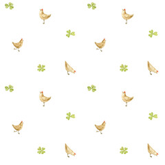 Seamless pattern with watercolor illustrations of chickens and clover leaves.