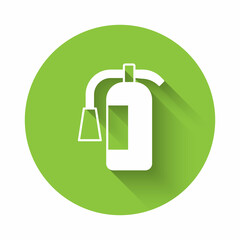 White Fire extinguisher icon isolated with long shadow background. Green circle button. Vector