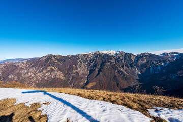 Mountain range of Monte Carega (small Dolomites) from Lessinia Plateau Regional Natural Park...