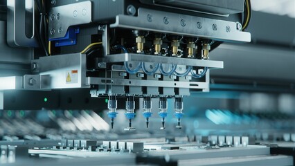 Automatic Pick and Place machine quickly installs Components on Generic Circuit Board. Electronics...