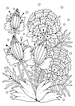 Coloring page with large flower and buds. Vector black and white background for coloring. Art therapy. Art line.