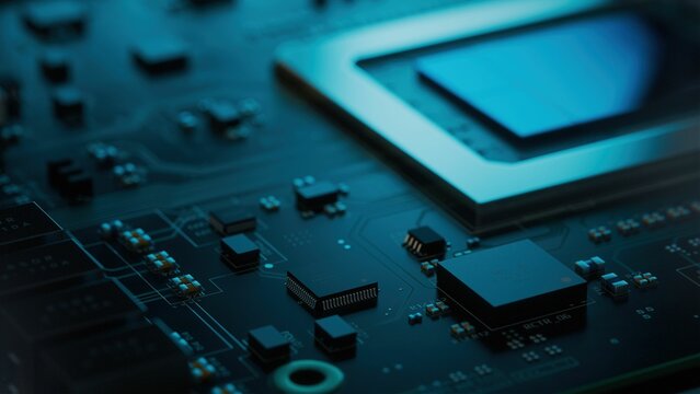 Macro Shot of Generic Printed Circuit board with Microchips and other Components During Production Process. Electronics Manufacturing. Dark Environment