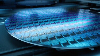 Macro Shot of Silicon Wafer During Production at Advanced Semiconductor Foundry, that produces Microchips - obrazy, fototapety, plakaty