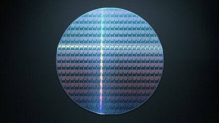 Top Down view  of Silicon Wafer on Dark Background at Advanced Semiconductor Foundry, that produces Microchips - obrazy, fototapety, plakaty