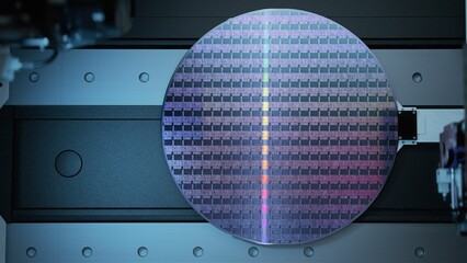 Silicon Wafer During Production at Advanced Semiconductor Foundry, that produces Microchips - obrazy, fototapety, plakaty