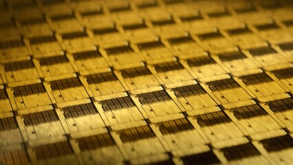 Macro Shot of Silicon Wafer in Yellow light at Advanced Semiconductor Foundry, that produces...