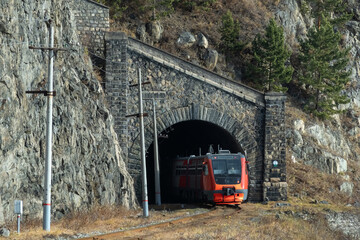 Tourist train in the tunnel of the Circum-Baikal Railway