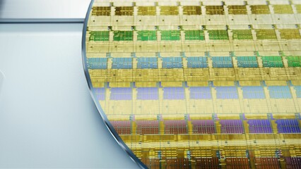 Macro Shot of Silicon Wafer in Bright light at Advanced Semiconductor Foundry, that produces...
