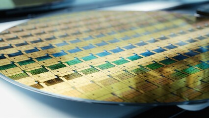 Close-up Shot of Silicon Wafer in Bright light at Advanced Semiconductor Foundry, that produces Computer Chips. - obrazy, fototapety, plakaty