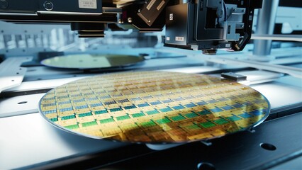 Close-up Shot of Silicon Wafer in Bright light at Advanced Semiconductor Foundry, that produces...