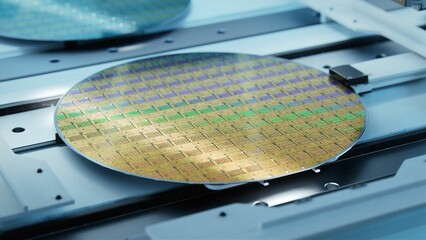 Close-up Shot of Silicon Wafer in Bright light at Advanced Semiconductor Foundry, that produces...