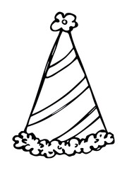 Hand drawn party hat illustration isolated on a white background. Birthday cap doodle. Holiday clip art.