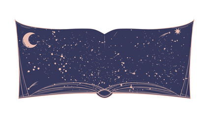 Open book with stars and constellations on a blue sky background. Vector illustration with place for text for astrology, tarot, horoscope. Mystical boho background.