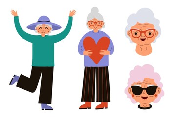 Vector set with cheerful smiling old women. Happy grandmother illustration sticker pack. Cartoon flat print designs on white background.