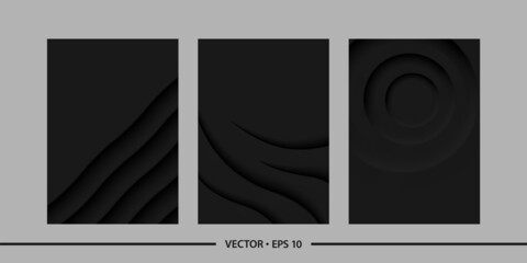 Abstract black theme backgrounds set in neomorphism style. 3D backgrounds for poster, folder, backdrop and banners