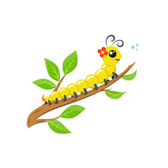 Cute spring caterpillar on branch with leaves. Cartoon bug character for kids. Isolated on white background. Flat design vector illustration