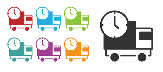 Black Logistics delivery truck and time icon isolated on white background. Delivery time icon. Set icons colorful. Vector