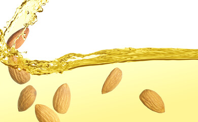 Organic almond oil and tasty nuts on white background