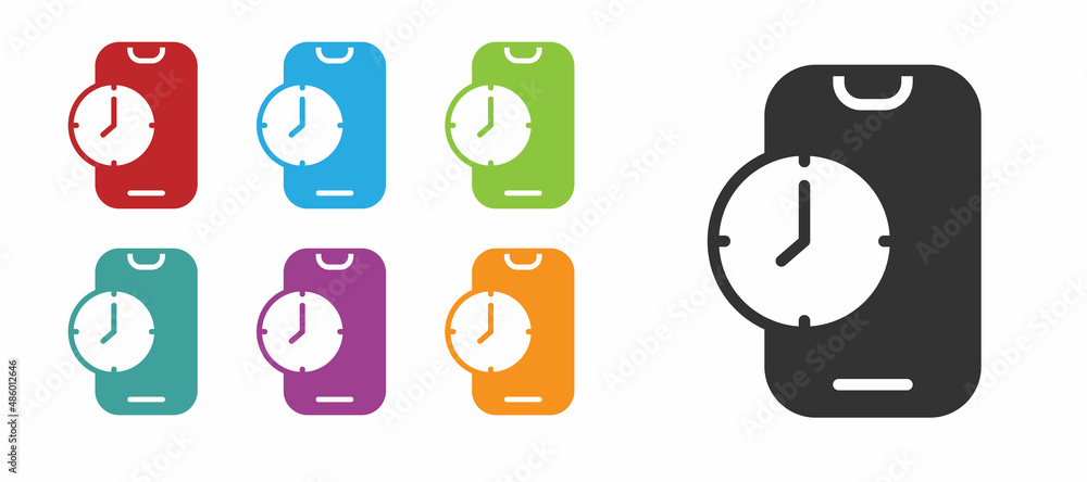 Poster black alarm clock app smartphone interface icon isolated on white background. set icons colorful. ve